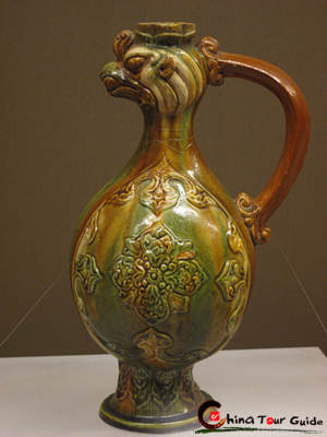 Tri-colored Pottery Ewer with Phoenix Rim, Tang Dynasty (618-907 AD)