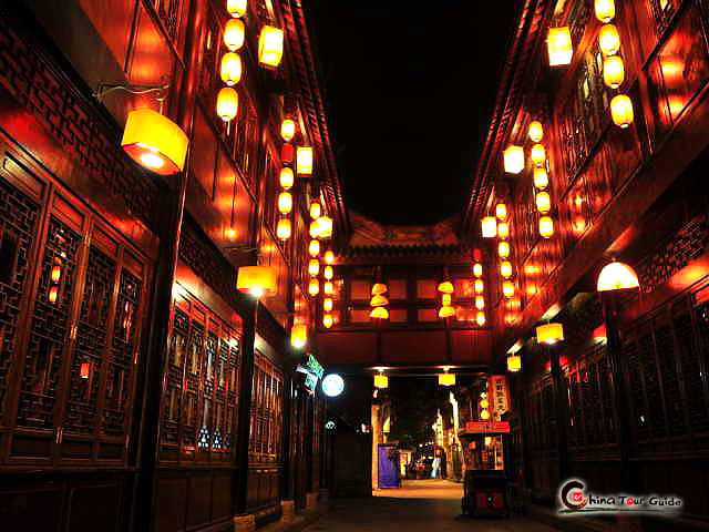 Jinli Ancient Street is well-decorated by red lantern at night.